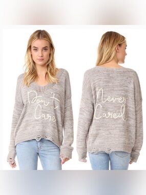 Wildfox Gray Beige Don’t Care Never Cared Distressed Sweater M